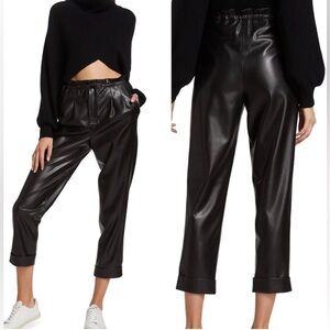 Alice + Olivia XS Liliana Vegan Leather Cuffed Pants Paperbag Black Womens Baggy